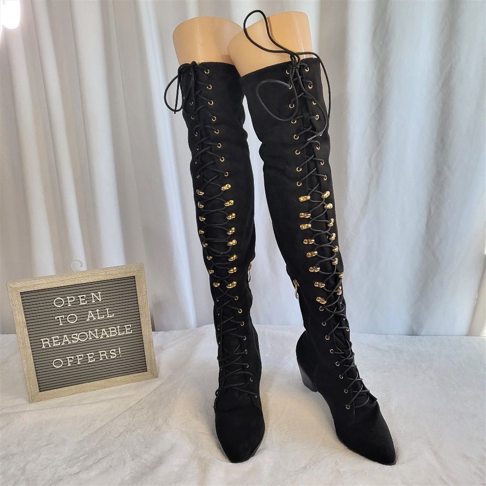 * So Me Black Over The Knee Lace Up Block Heel Boots